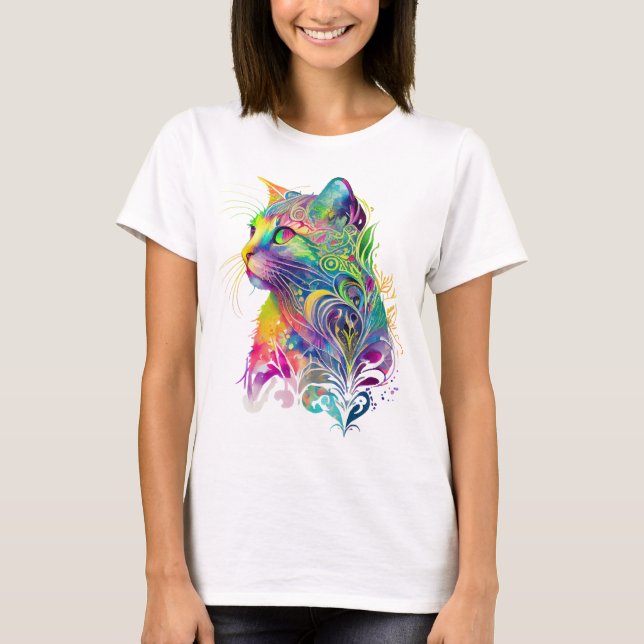 FÄRGRIK ABSTRAKT SITTANDE KATT  T SHIRT (Framsida)
