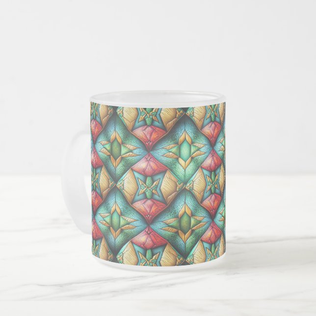 Färgrik afrikanskinspirerad geometrisk mosaikmönst frostad glasmugg (Framsida vänster)