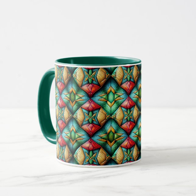Färgrik afrikanskinspirerad geometrisk mosaikmönst mugg (Framsida vänster)