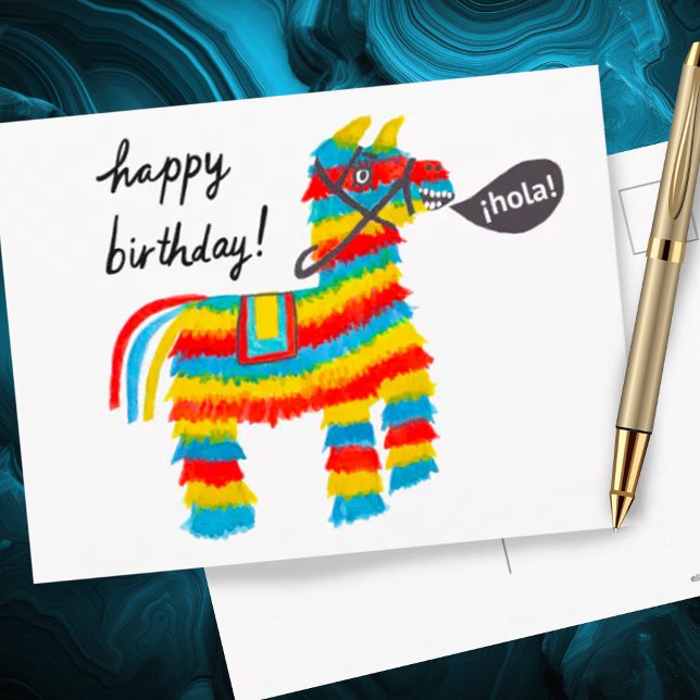 Färgrik akvarell Åsna Piñata GLAD FÖDELSEDAG Vykort (Cute colorful watercolor donkey pinata happy birthday postcard)