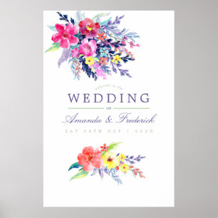 Färgrik akvarell blommande vigsel välkomstskylt poster