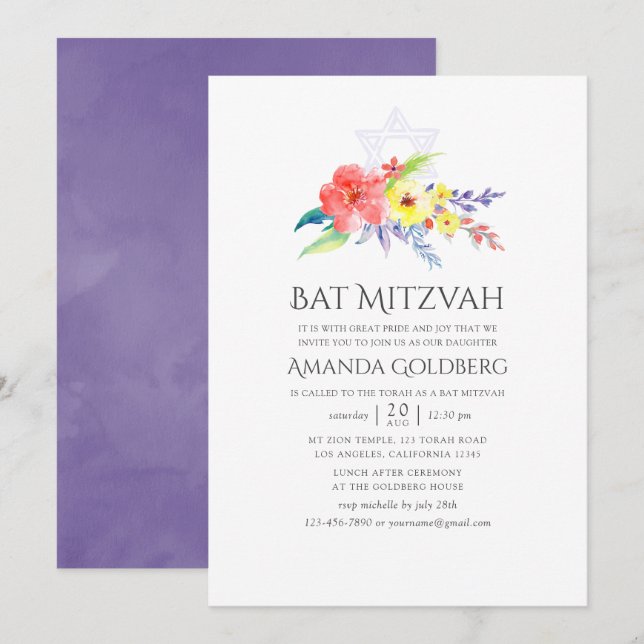 Färgrik akvarell Blommig Bat Mitzvah Inbjudningar (Fram/baksida)
