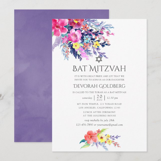 Färgrik akvarell Blommig Bat Mitzvah Inbjudningar (Fram/baksida)