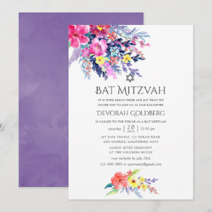 Färgrik akvarell Blommig Bat Mitzvah Inbjudningar