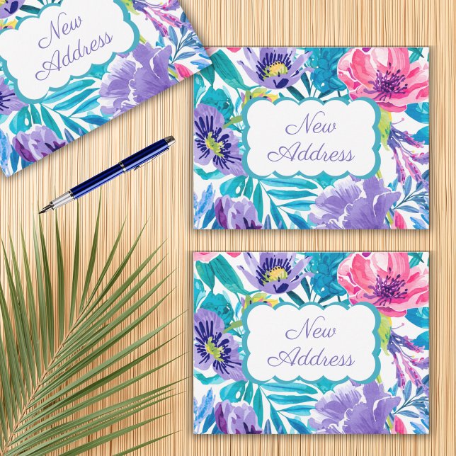 Färgrik akvarell Blommig Ny adress Vi har flyttat (Ensure your loved ones can always be in touch with our colorful "New Address" cards)