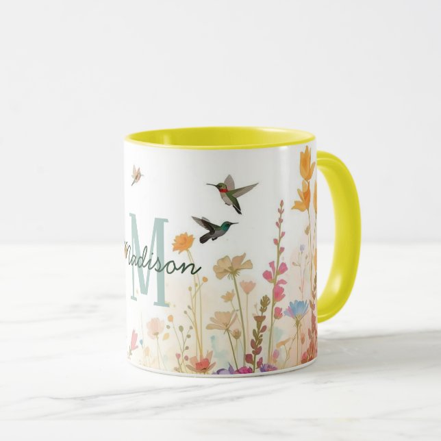 Färgrik akvarell Blommor fåglar Kolibri Harmoni Mugg (Framsida höger)