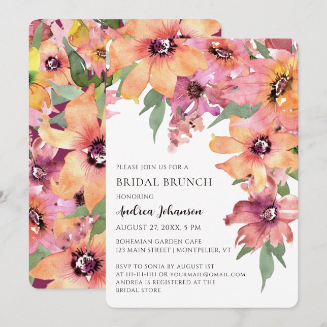 Färgrik akvarell blomsterträdgård bröllopsbrunch inbjudningar (Fram/baksida)