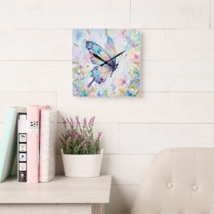 Färgrik akvarell fjäril blomster fyrkantig klocka