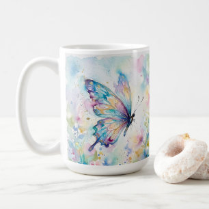 Färgrik akvarell fjäril blomster kaffemugg