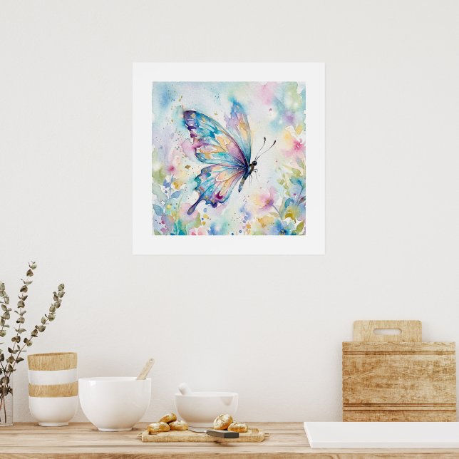 Färgrik akvarell fjäril blomster poster (Kök)