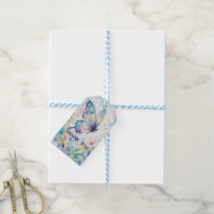 Färgrik akvarell fjäril blomster presentetikett