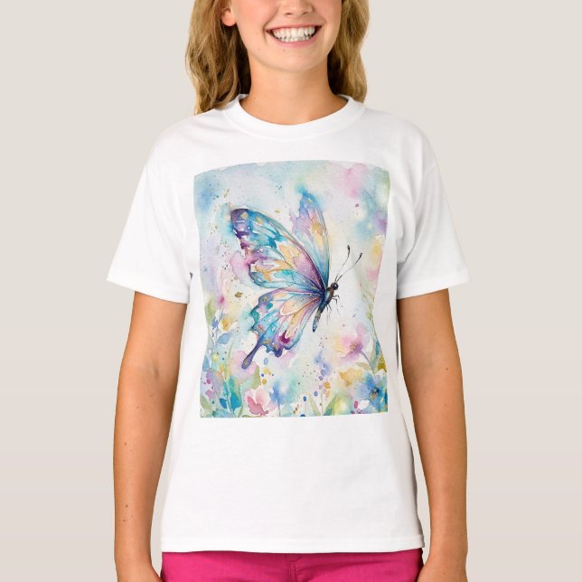 Färgrik akvarell fjäril blomster t shirt (Framsida)