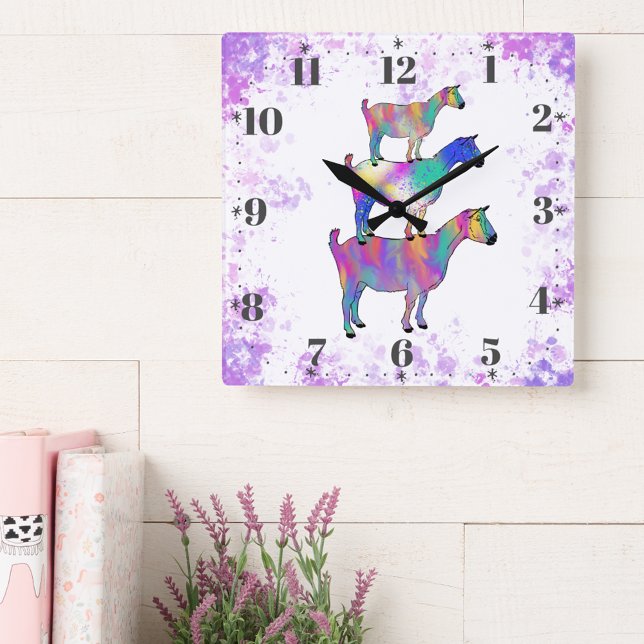 Färgrik akvarell get fyrkantig klocka (Colorful cute goat watercolor illustration wall clock )