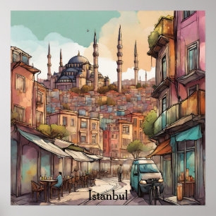 Färgrik akvarell Istanbul Siluett Poster