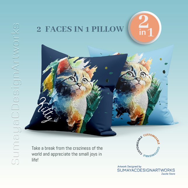 Färgrik akvarell kattporträtt 2 i 1  kudde (2 Designs in 1 Pillow)