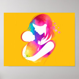 Färgrik akvarell Mor och baby gul bakgrund Poster