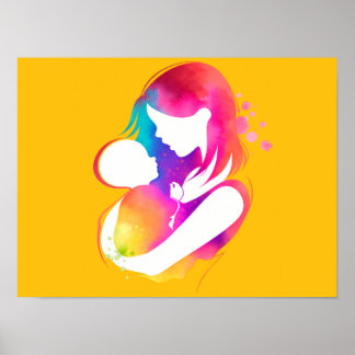 Färgrik akvarell Mor och baby gul bakgrund Poster