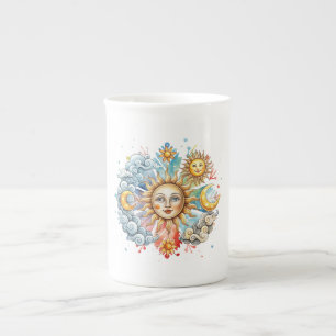 Färgrik akvarell sol, måne och stjärnor benporslin mugg