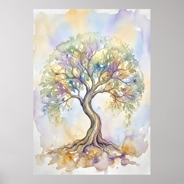 Färgrik akvarell Träd des livets fantasin Pastell  Poster (Framsidan)
