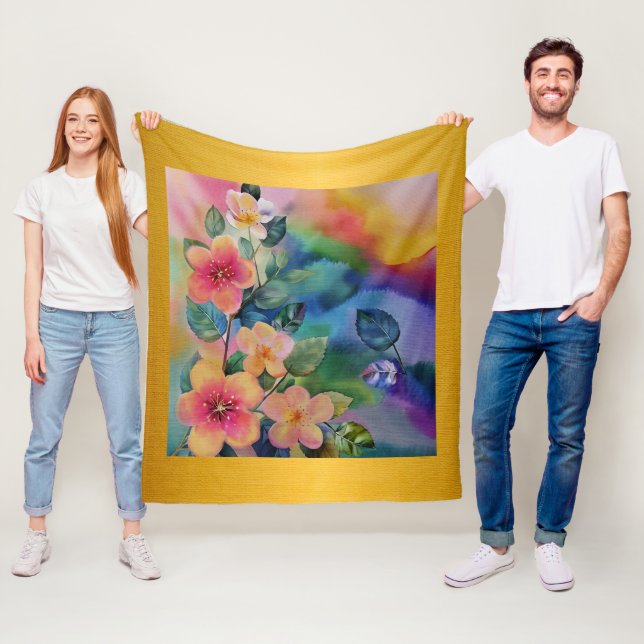 Färgrik akvarell vårgren med blommor  fleecefilt (På plats)