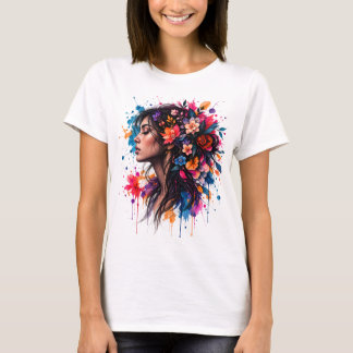 Färgrik akvarellblomma kvinna konst t shirt