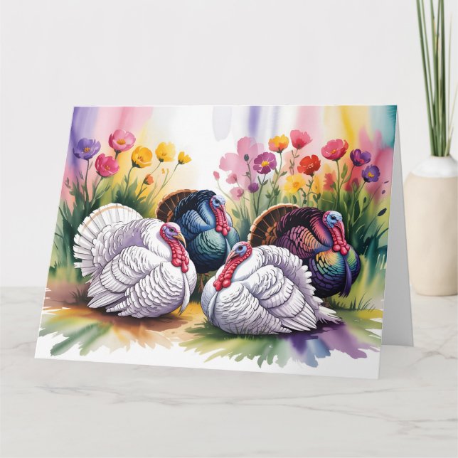 Färgrik akvarellillustration av kalkoner kort (Framsida)