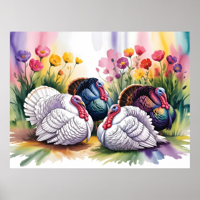 Färgrik akvarellillustration av kalkoner  poster (Framsidan)