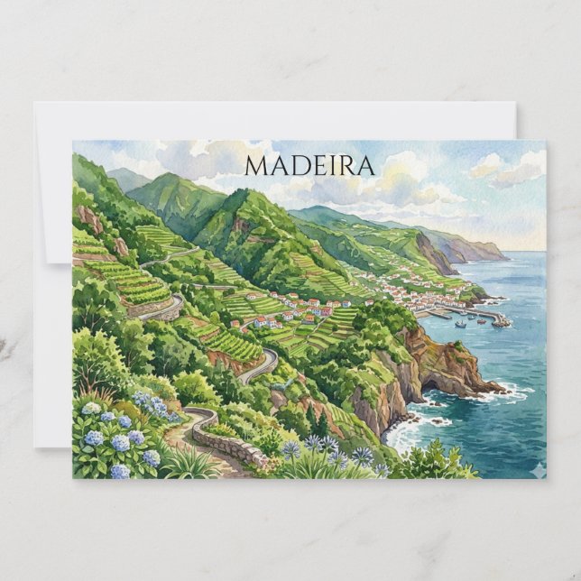 Färgrik akvarellmålning av Madeira Portugal Kort (Framsida)