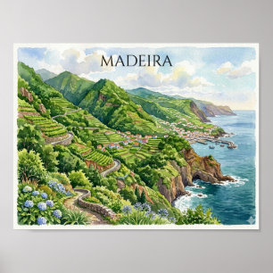 Färgrik akvarellmålning av Madeira Portugal Poster