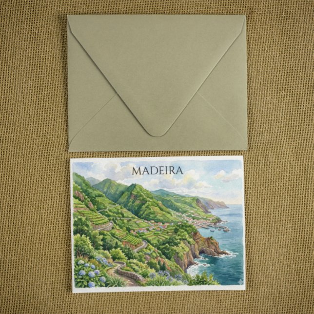 Färgrik akvarellmålning av Madeira Portugal Vykort (Madeira Portugal Watercolor Painting Postcard)