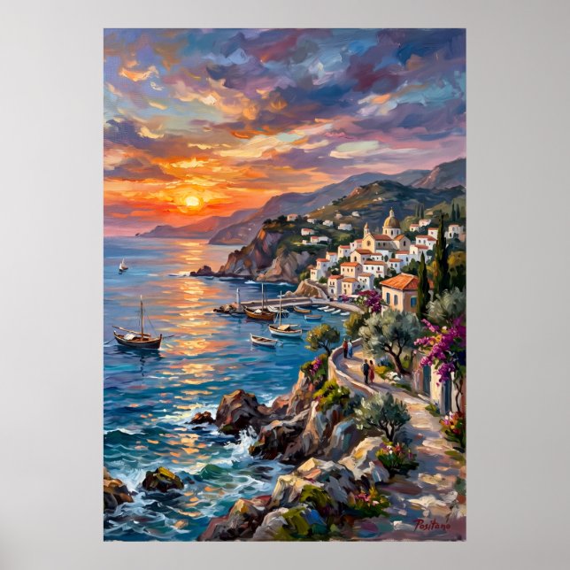 Färgrik Amalfi-kust landskapsaffisch Poster (Framsidan)