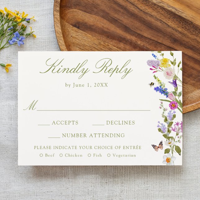 Färgrik äng med vilda blommor krämvit bröllopsinbj OSA kort (Skapare uppladdad)