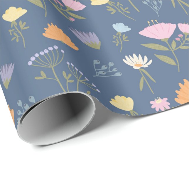 Färgrik äng på blått presentpapper (Rullad Hörn)
