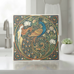 Färgrik Art Nouveau påfågel Pat#3 ID1193 Kakelplatta