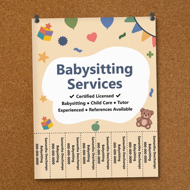 Färgrik barnvaktstjänst Riv av remsor flygblad (Colorful Babysitting Service Tear Off Strips Flyer)