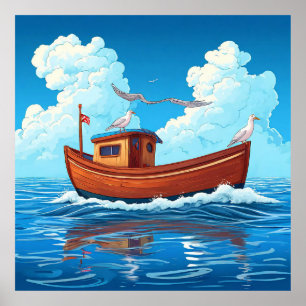 Färgrik båt flyter på havsvågor poster