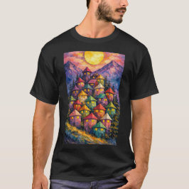 Färgrik Bergsby – Levande Abstrakt Landskap T Shirt