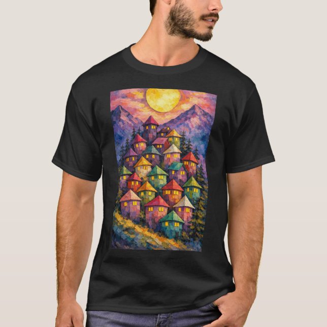 Färgrik Bergsby – Levande Abstrakt Landskap T Shirt (Framsida)