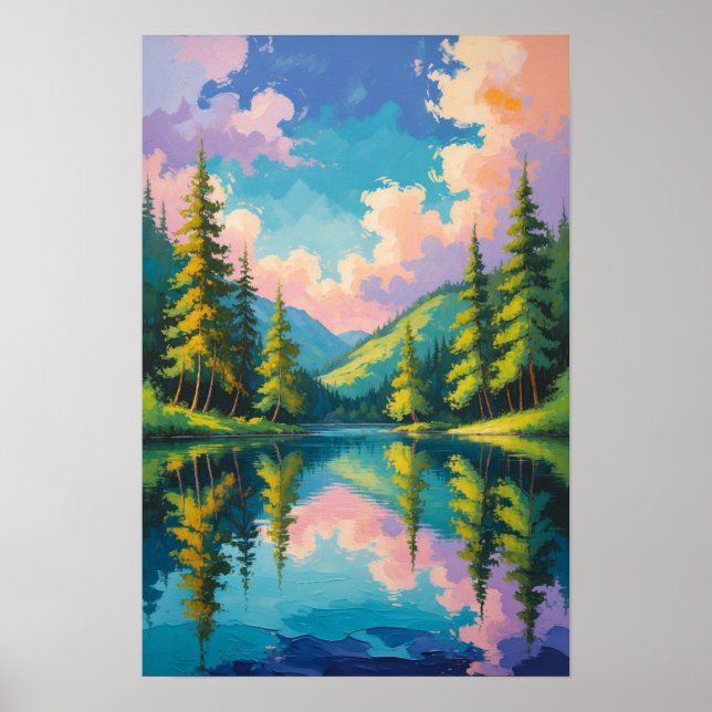 Färgrik Bergssjöreflektion med Tallar Poster (Framsidan)