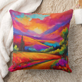 Färgrik bergssolnedgångslandskapsmålning kudde