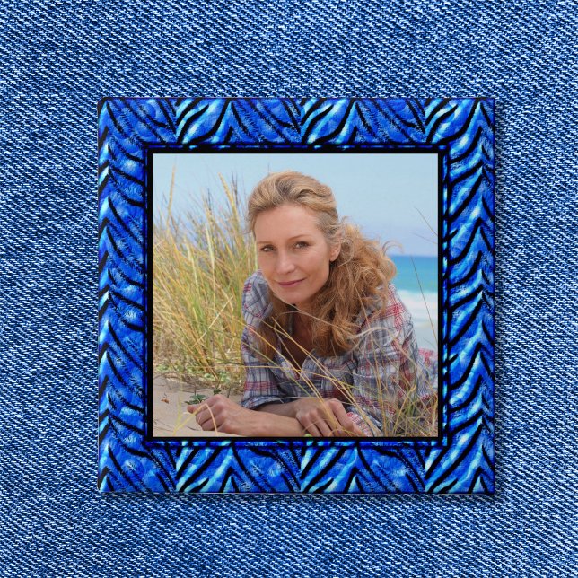 Färgrik blå fotoramknapp knapp (Bright Blue Zebra Art Border Photo Button)
