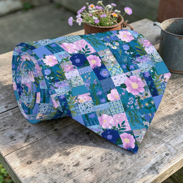 Färgrik blå lapptäcke mönster skräddarsydd slips (Skapare uppladdad)