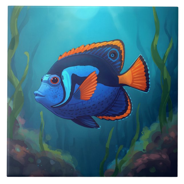 Färgrik blå orange tropisk fisk och korallrev  kakelplatta (Framsidan)