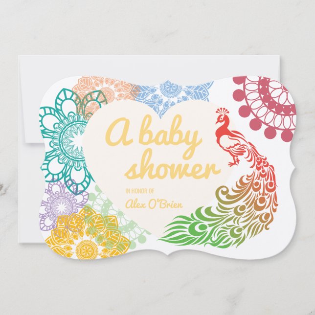 Färgrik blom- påfågel som drar baby shower inbjudningar (Framsida)