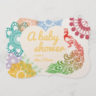 Färgrik blom- påfågel som drar baby shower inbjudningar