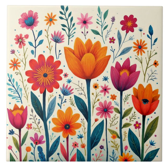 Färgrik blomkonstillustration, kakelplatta (Framsidan)