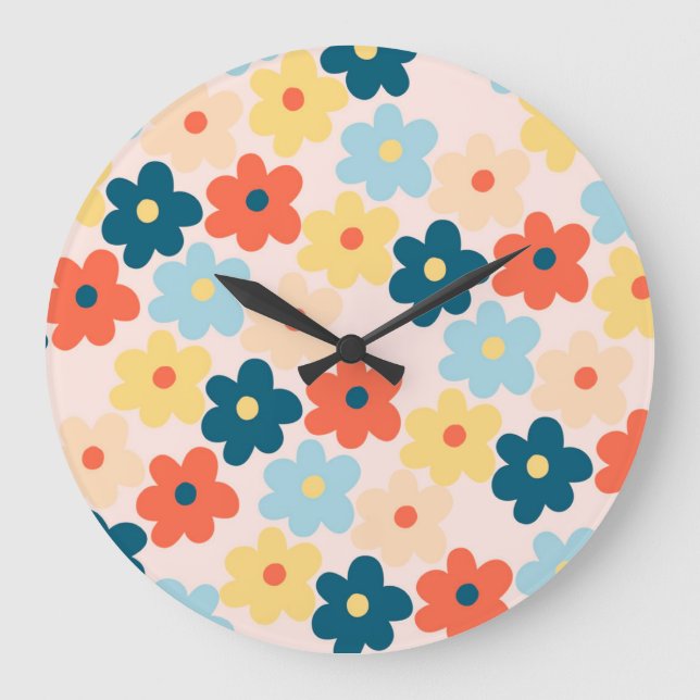 Färgrik Blomma Boho Retro Stor Klocka (Framsida)