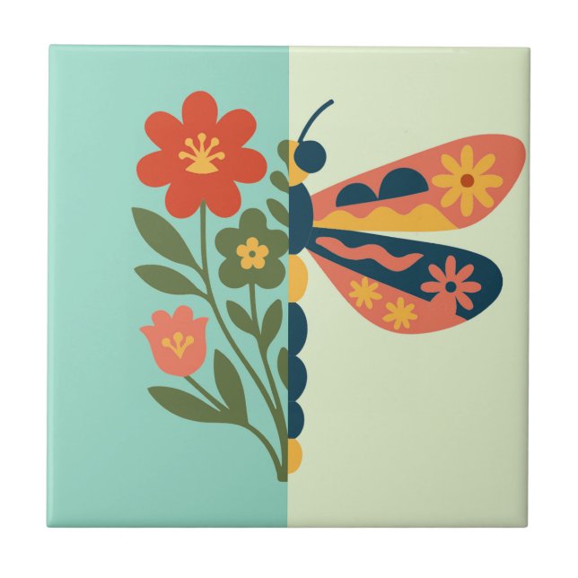 Färgrik blomma och fjäril grafisk design kakelplatta (Framsidan)