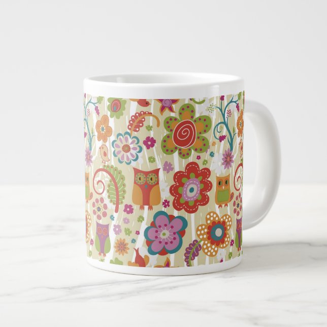 Färgrik blomma och uggla jumbo mugg (Framsida höger)