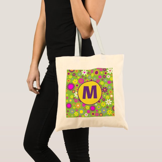 Färgrik Blomma Retro Sextiotalet Blommig Monogram Tygkasse (Framsida (produkt))